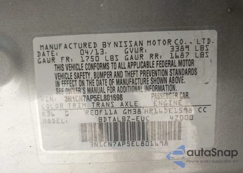 2014 Nissan Versa 1.6 Sv from USA, damaged, VIN 3N1CN7AP5EL801698